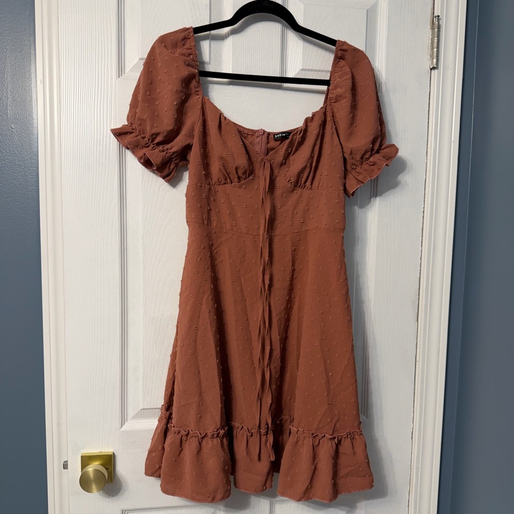 SHEIN rust colored peasant style dress with front bow size large